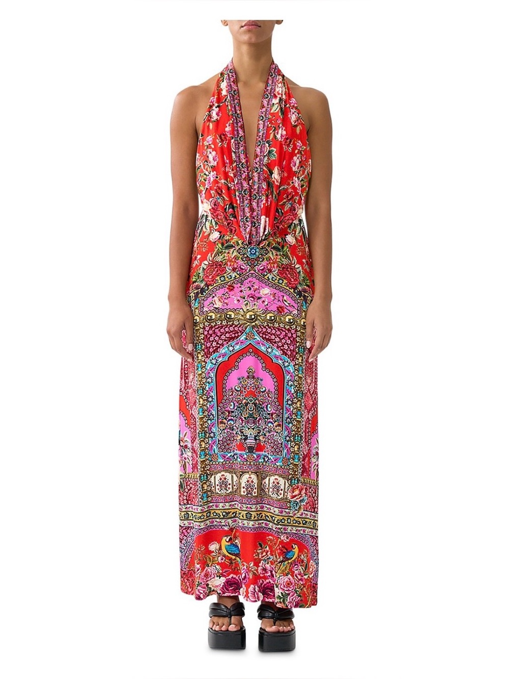 Camilla Red Halter Maxi Dress with Deep plunge neckline